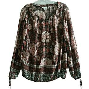 Lucky Brand Blouse Women Med Brown Black Paisley Midway Button Up Elastic Waist